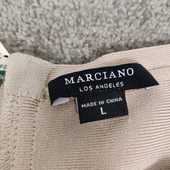 Marciano LA Women's Mini Dress Size L Beige Bandage Bodycon Square Neck Deep V - Picture 2 of 11